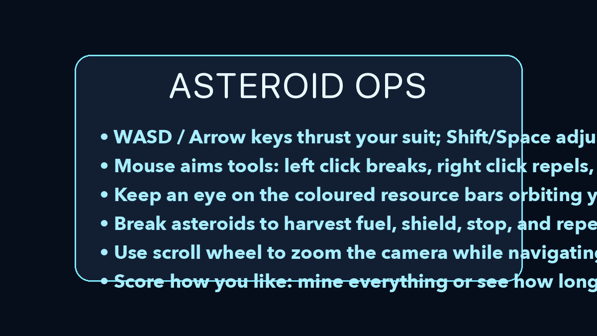 SpaceMiner controls sheet